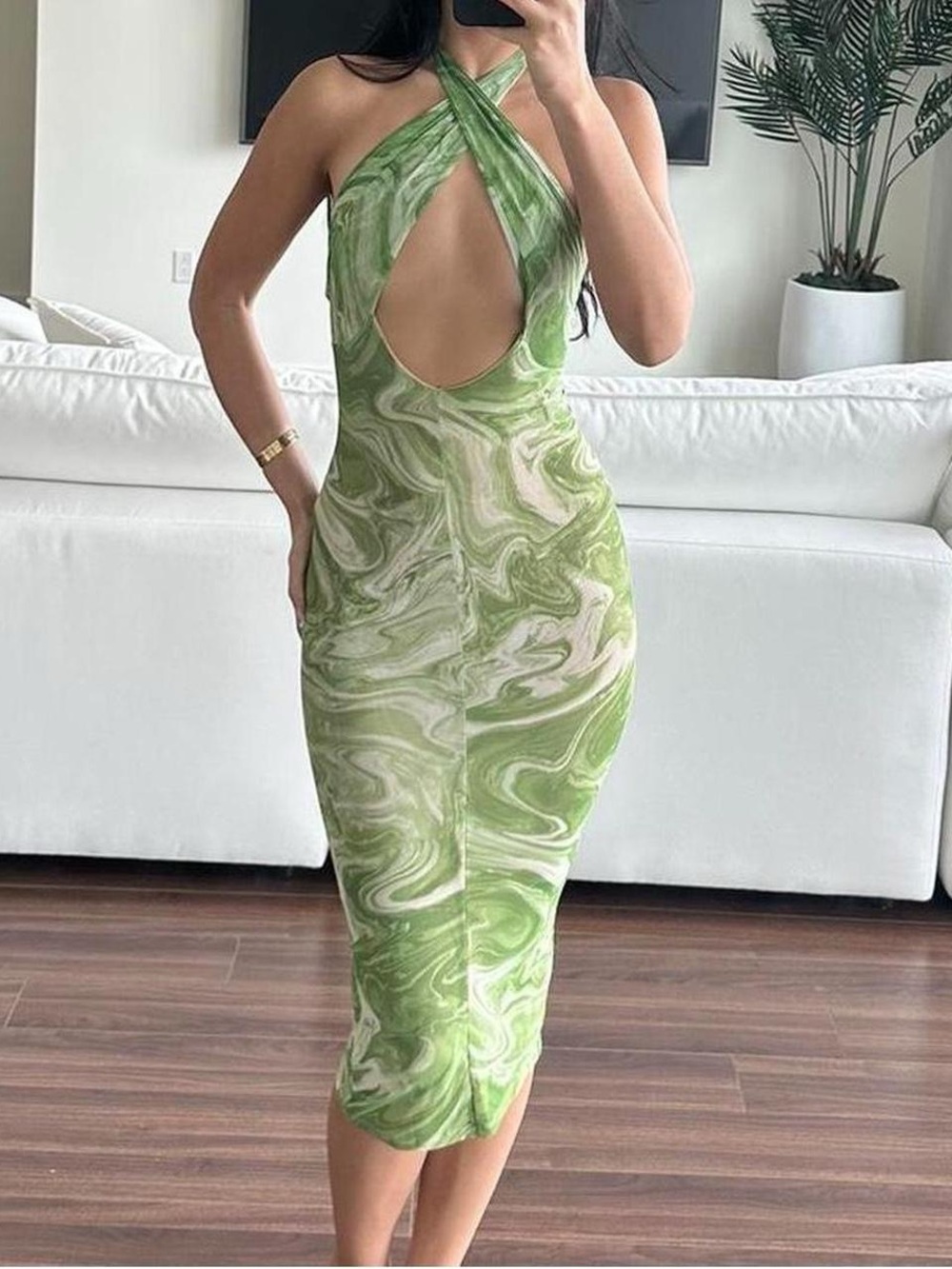 Naked wardrobe green and white fitted midi dress with stretch in size XS